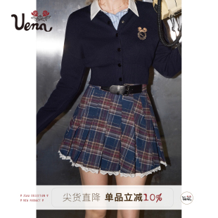 复古学院风格 Uena美式 纹拼接蕾丝花边百褶半身裙女 英伦少女