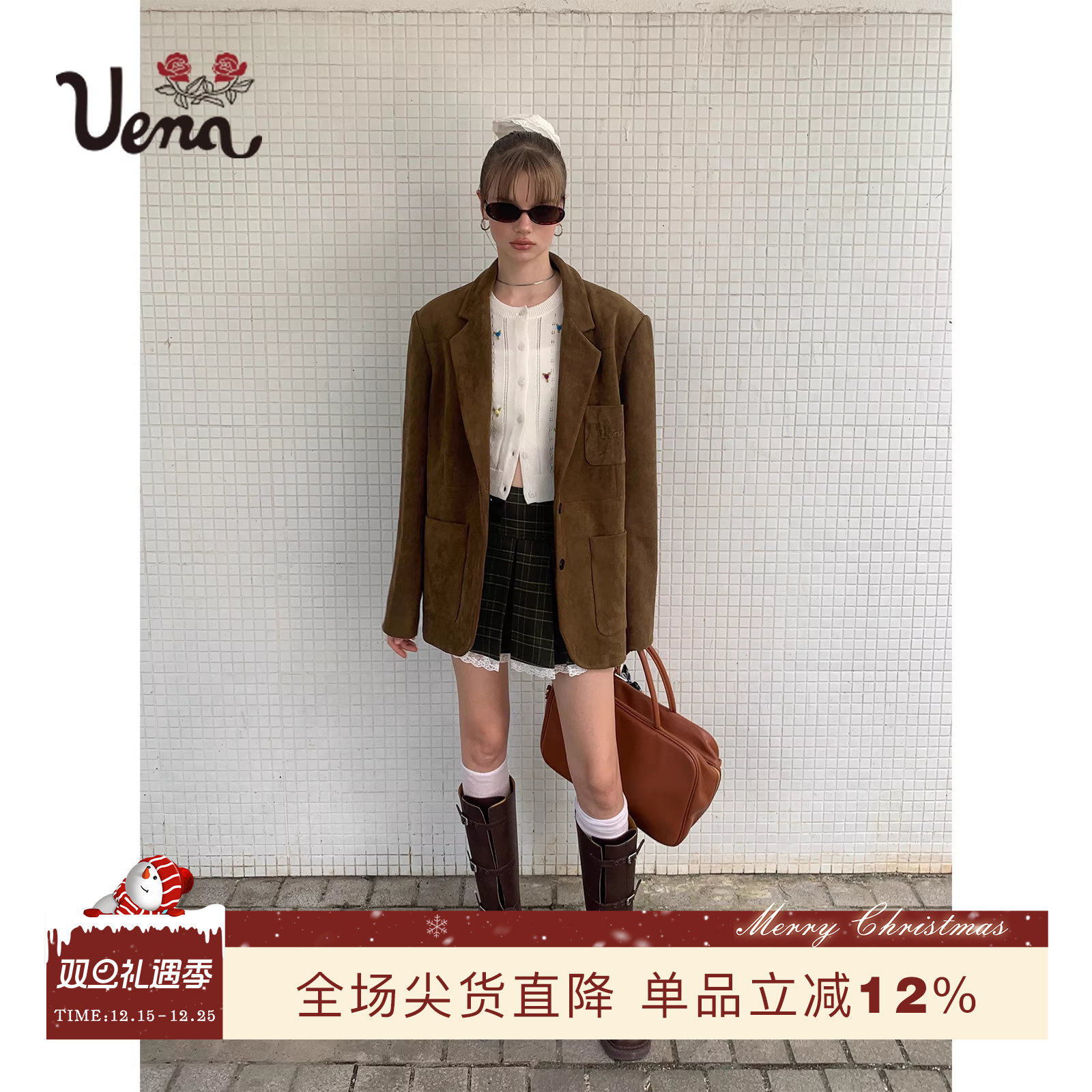 【松栗奶芙】Uena美式复古卡其色仿麂皮绒贴布绣多口袋西装外套