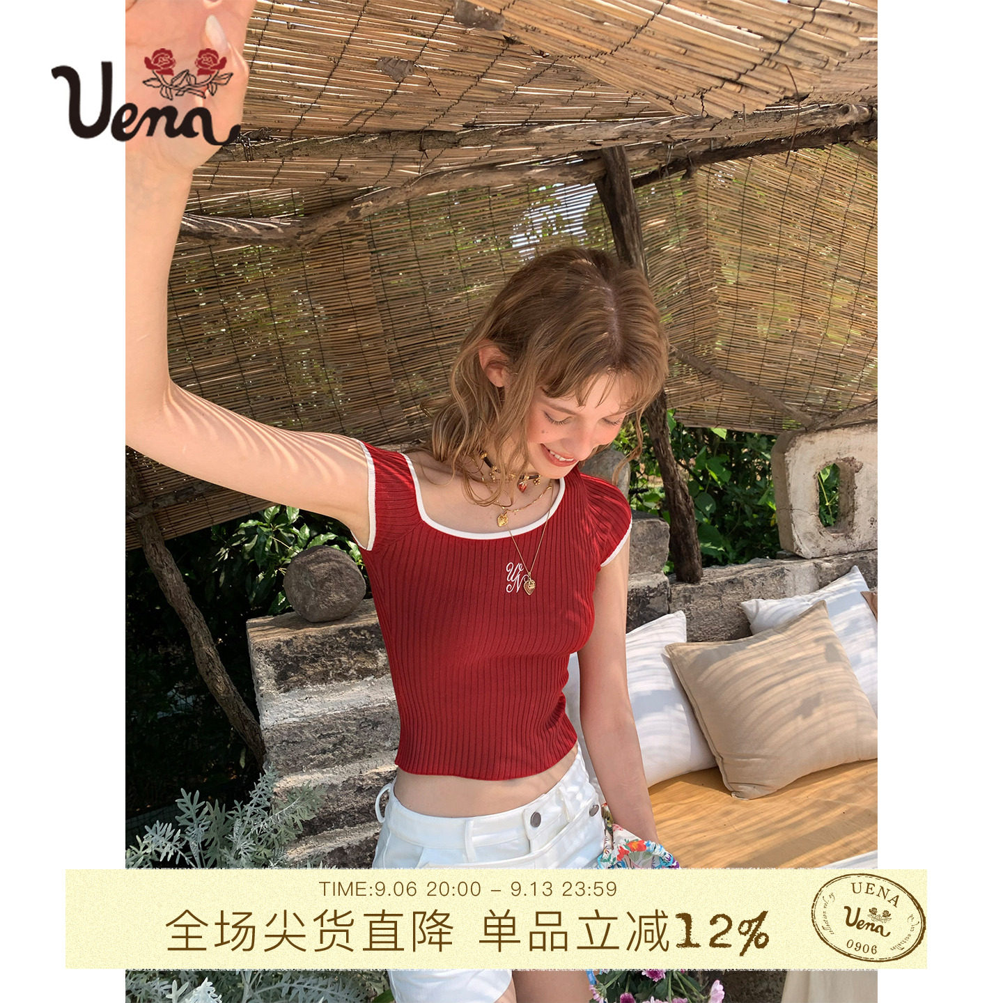 Uena字母刺绣不对称斜肩短袖T恤图片