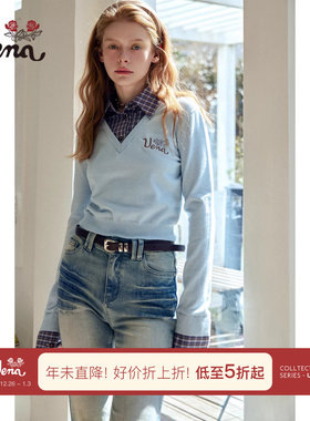 【蓝桉树下】Uena美式复古蓝色格纹衬衫领字母刺绣假两件毛针织衫