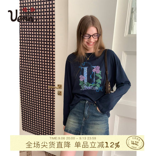 Uena字母印花落肩长袖圆领T恤