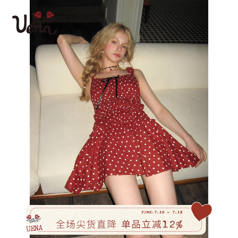 Uena红色波点荷叶边吊带连衣裙