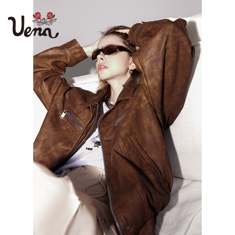 【朋克少女】Uena美式复古PU皮衣外套oversize甜酷棕色机车夹克-封面