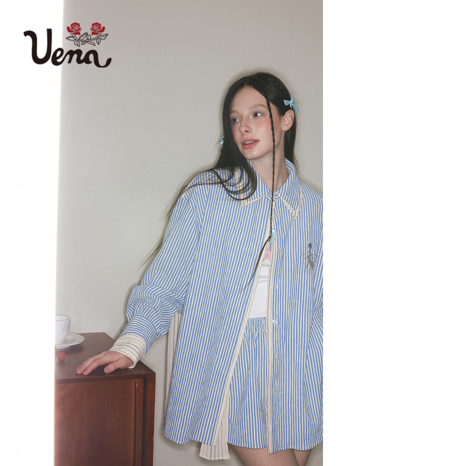 【柒柒Moon直播间】Uena明星同款拼接条纹衬衫休闲宽松短裤套装,女装/女士精品,时尚套装,淘宝优惠券,粉丝福利购,淘宝优惠卷