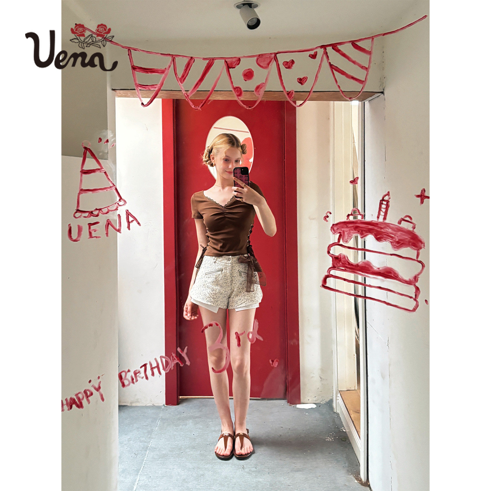 【蝴蝶泛音】Uena蕾丝花边v领胸前抽褶侧边绑带正肩短袖修身T恤女