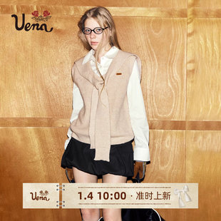 背心女 Uena学院风卡其色皮质标披肩v领羊毛针织衫 姜黄柠檬茶