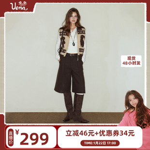 【五百推荐】Uena红棕色羊毛呢六分中裤直筒阔腿挺缝设计休闲裤女