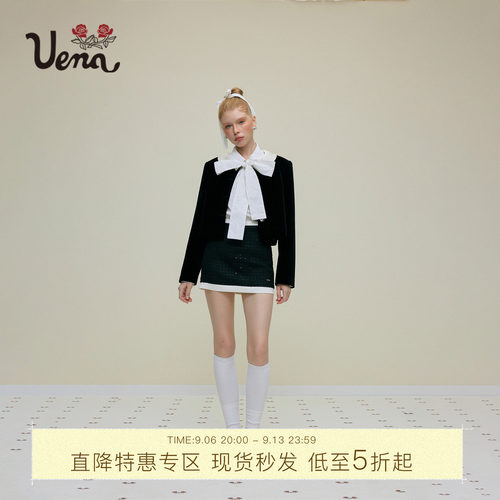 Uena黑色丝绒娃娃圆领外套