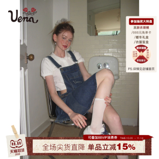 复古学院风字母绣花水洗做旧牛仔背带连衣裙 Uena美式 蓝色垦丁