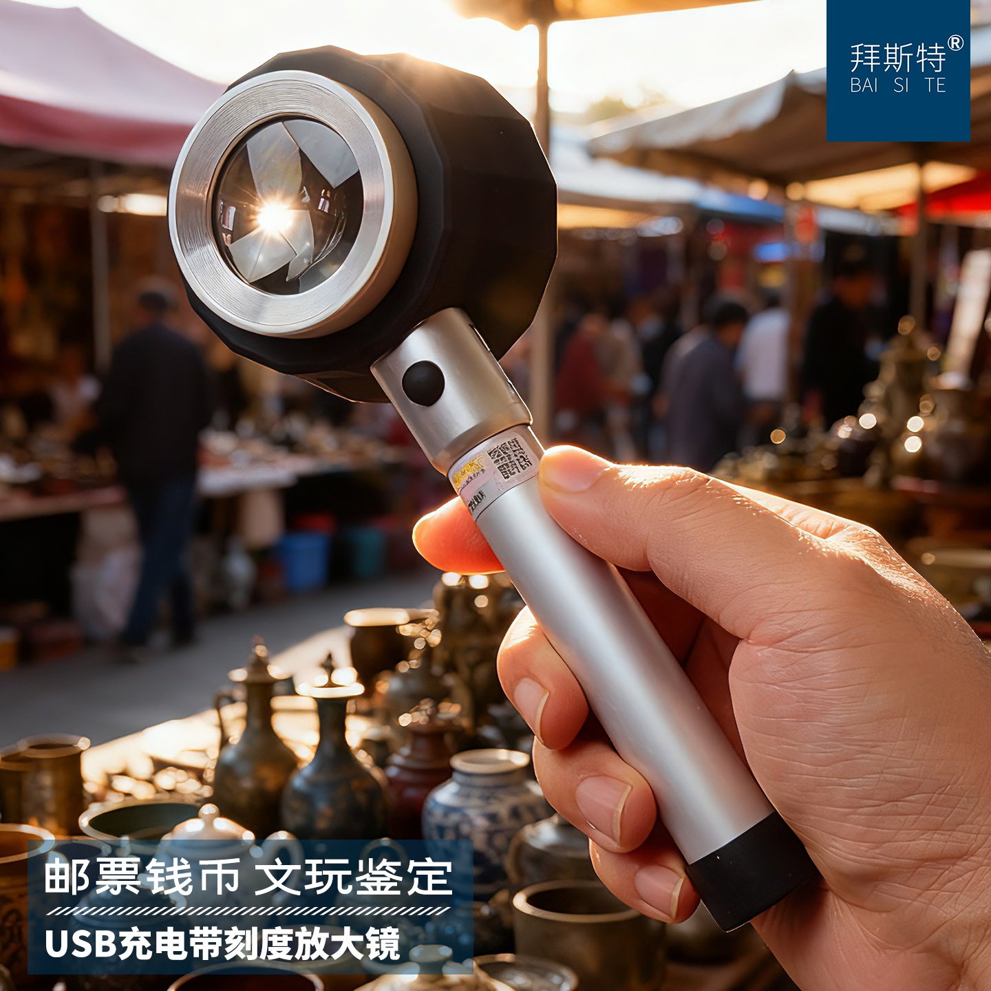 拜斯特30倍手持放大镜阅读led带灯带刻度带紫光鉴定工具邮票字画