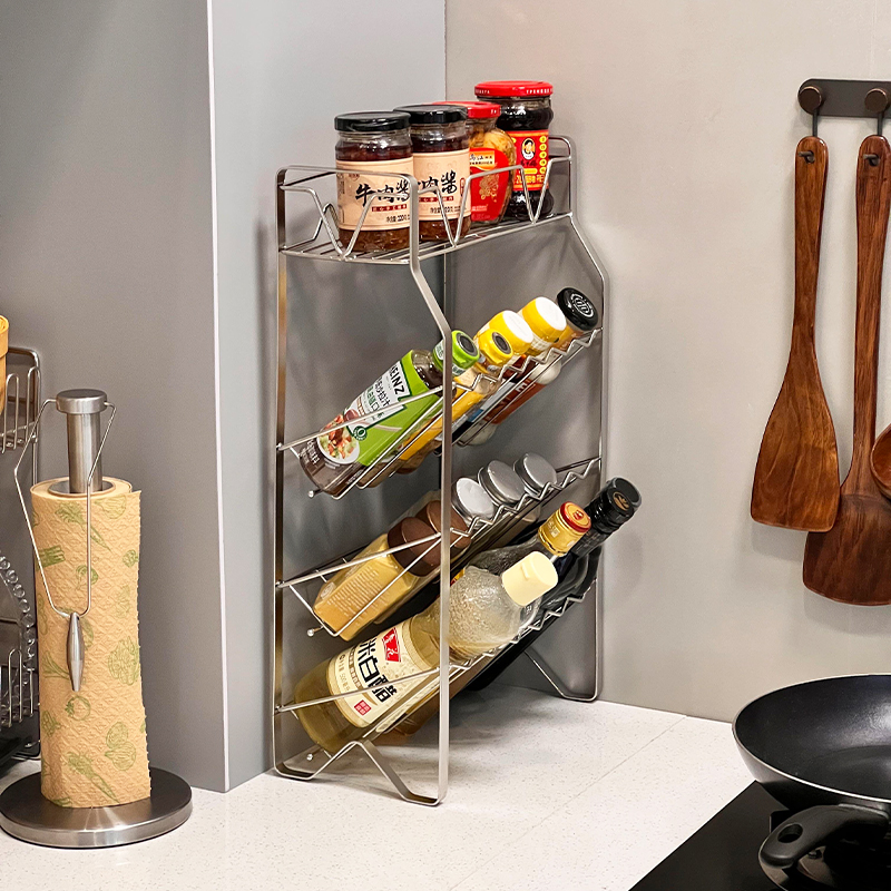 不锈钢厨房调料置物架酱油醋调味料瓶罐收纳架免安装台面储物杯架