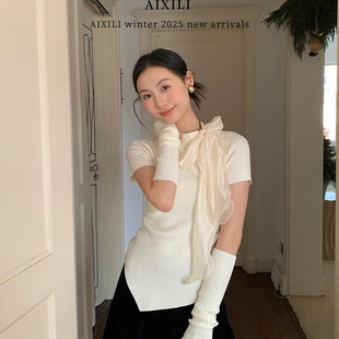 套设计百搭上衣针织衫 温柔高级感简约蝴蝶结绑带袖 新款 爱西里冬季