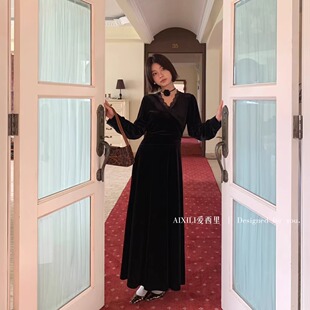 气质赫本风蕾丝花边设计感收腰垂感丝绒连衣裙 法式 爱西里秋季 新款