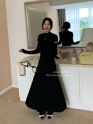 法式赫本露肩设计打底针织连衣裙