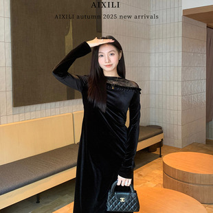 温柔赫本风蕾丝拼接木耳边一字领丝绒连衣裙女 法式 爱西里冬季 新款