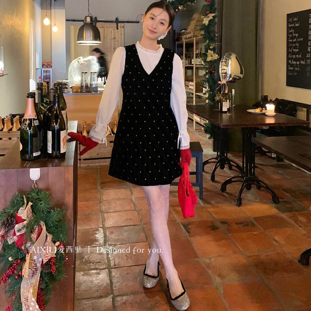 爱西里冬新款法式温柔小香风钉珠丝绒背心连衣裙花边打底衫套装女,女装/女士精品,时尚套装,淘宝优惠券,粉丝福利购,淘宝优惠卷