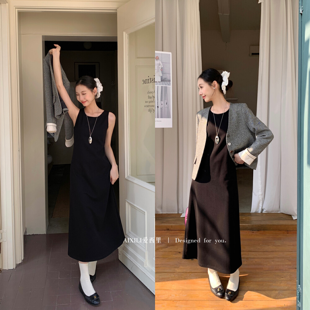 法式时尚简约无袖百搭背心连衣裙