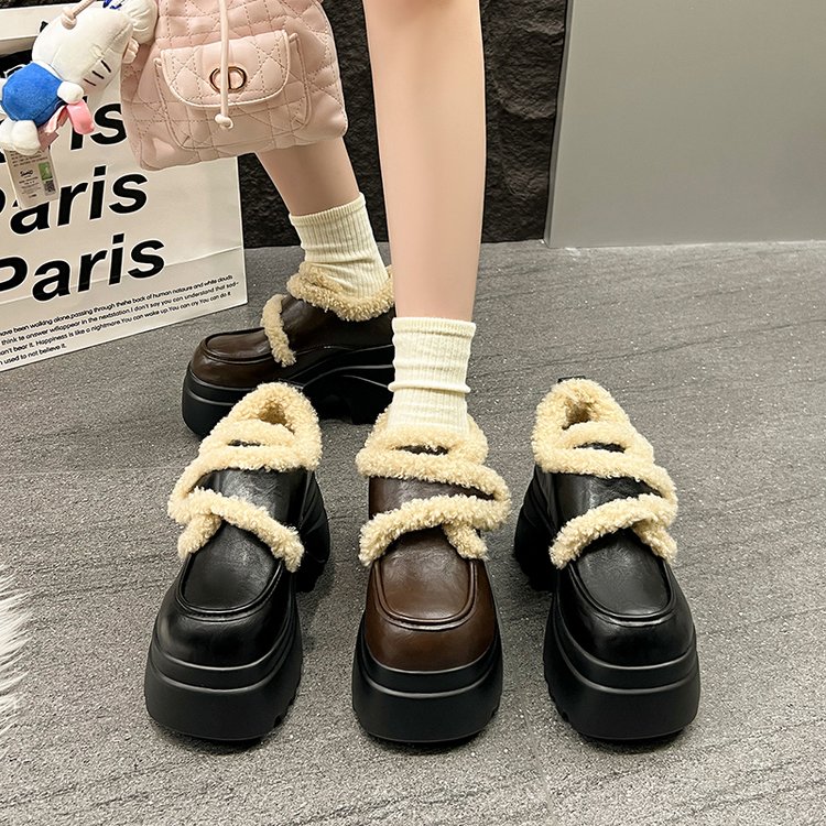 英伦风加绒乐福棉鞋女2025秋冬新款厚底粗跟复古毛毛玛丽珍小皮鞋