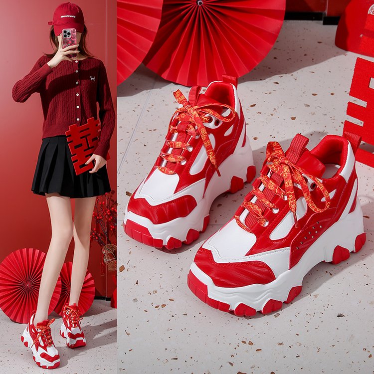 红色内增高7cm女鞋小个子穿的汉服秀新娘结婚鞋本命年厚底老爹鞋