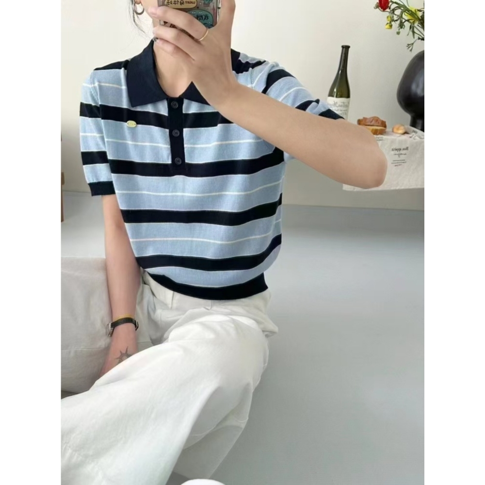 法式POLO领T恤女2025夏薄短袖浅蓝色条纹针织衫细羊毛上衣女新款