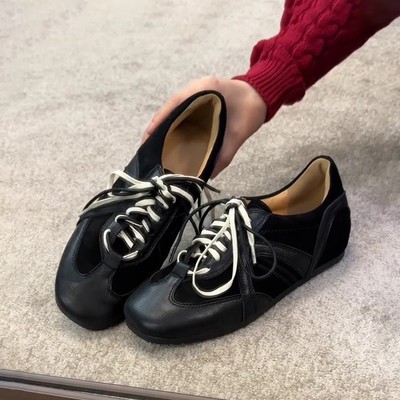 牛皮版~复古黑色德训鞋系带阿甘鞋女内增高休闲板鞋百搭运动鞋潮