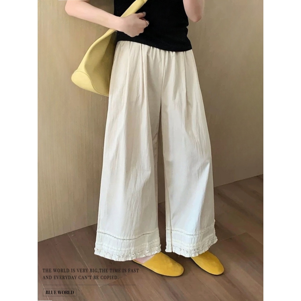 2025夏季阔腿九分裤女新款宽松韩系蕾丝花边勾花洗水棉休闲裤子