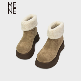 MENE（女鞋）翻边羊羔毛雪地靴女2025冬季厚底短靴加绒保暖靴子