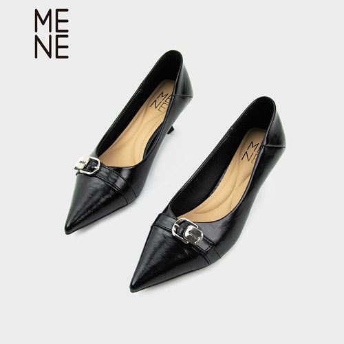 MENE女鞋尖头皮带扣猫跟浅口高跟鞋2025新款气质百搭细跟通勤鞋