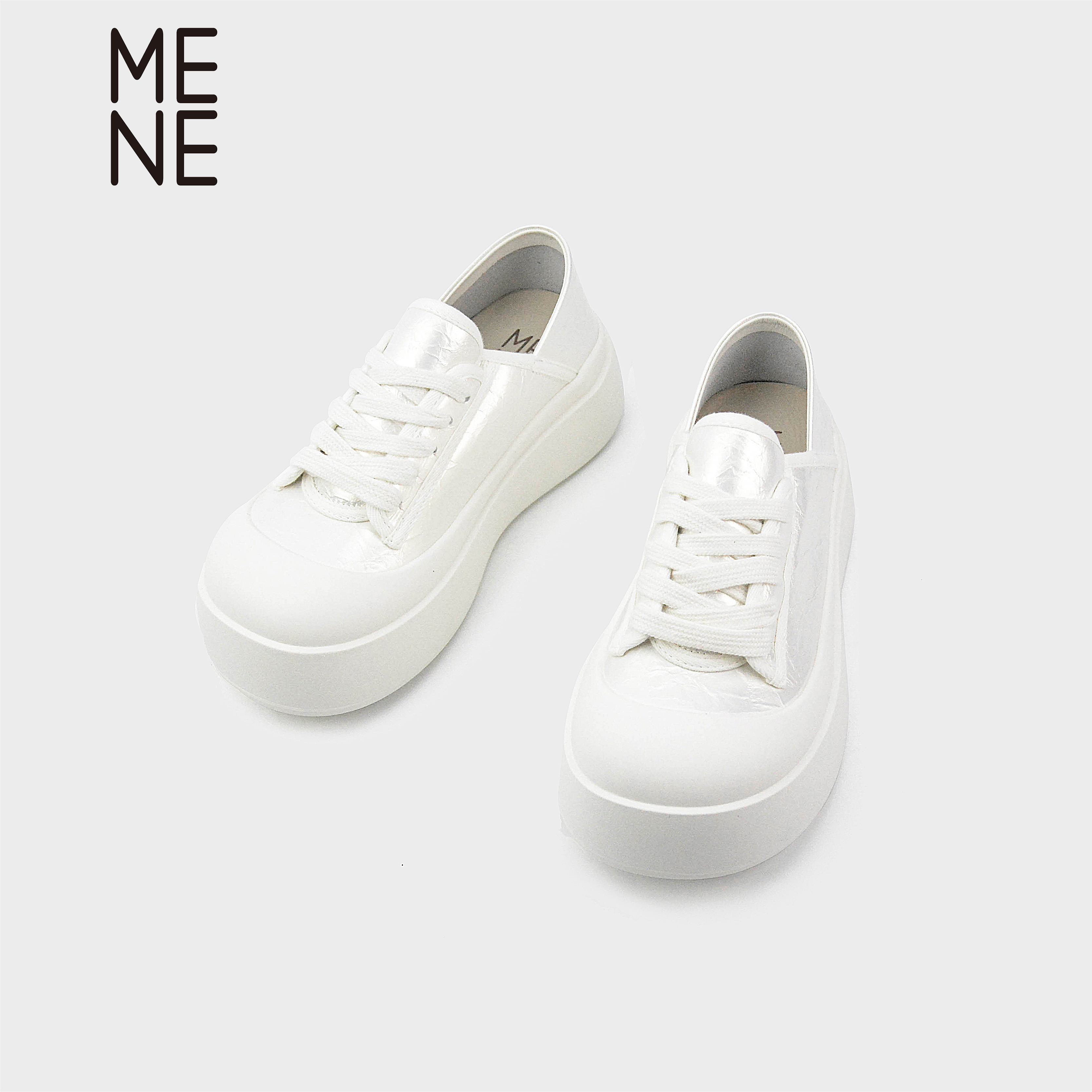 MENE女鞋厚底板鞋圆头系带休闲鞋