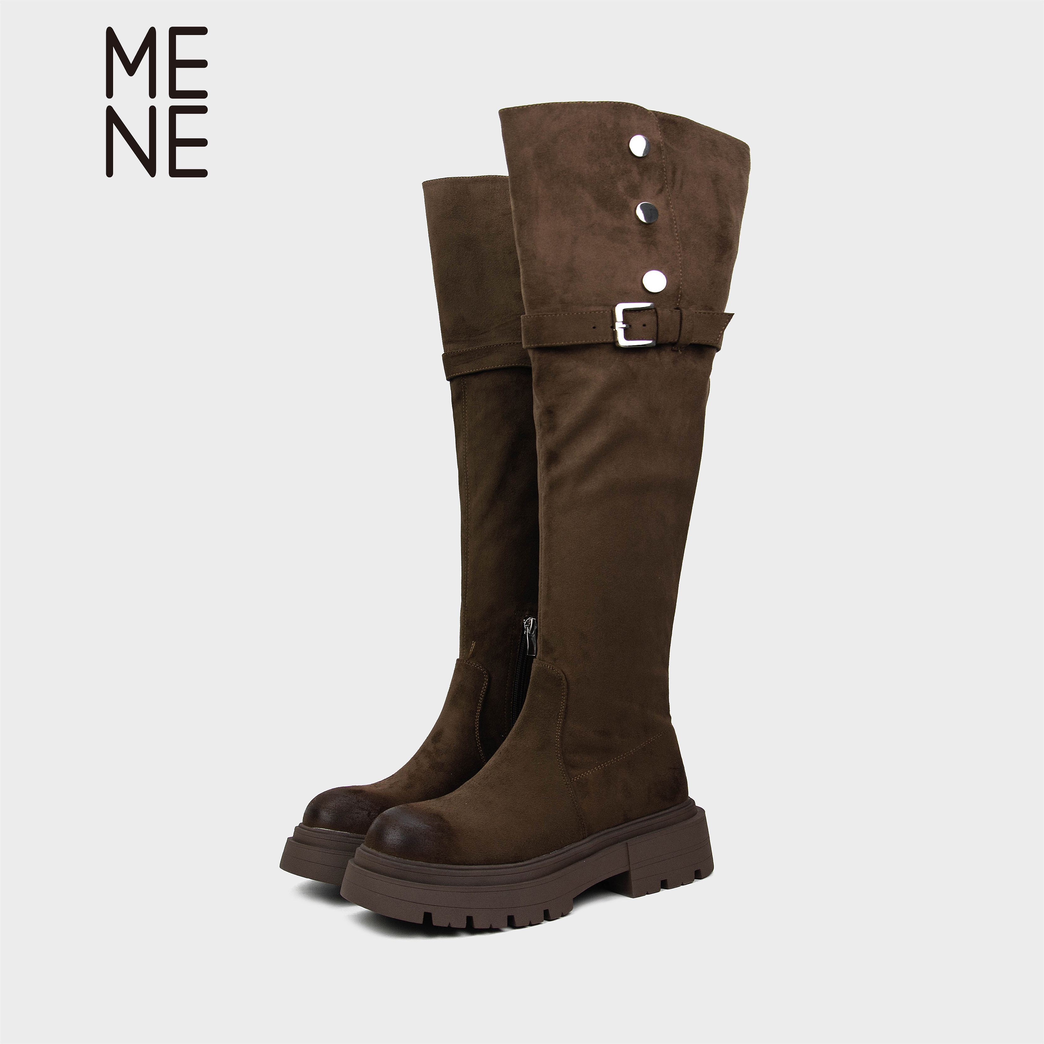 MENE（女鞋）复古厚底过膝骑士靴女2025秋冬皮带扣机车靴高筒长靴,女鞋,骑士靴,淘宝优惠券,粉丝福利购,淘宝优惠卷
