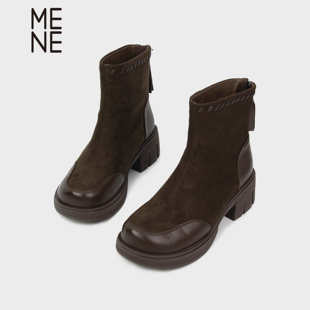 MENE（女鞋）厚底粗跟弹力短靴女秋冬百搭增高瘦瘦靴棕色马丁靴