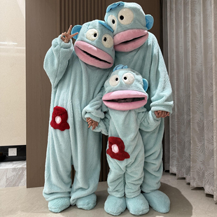 汉顿丑鱼连体睡衣成人儿童亲子款情侣搞怪居家服冬季加厚珊瑚绒