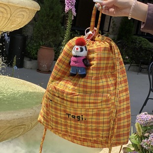 Tagi2024年新品Tanghulu珍珠亚克力抽绳黄格子双肩包女大容量背包
