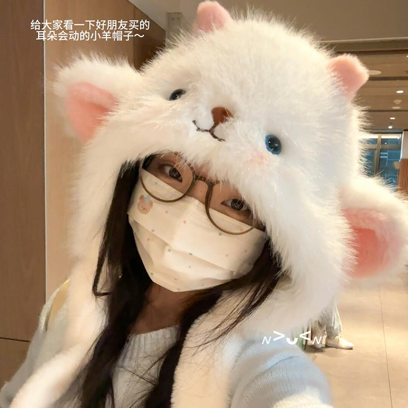 冬季小羊帽子耳朵会动新款卡通加绒加厚女保暖护耳帽防寒围巾一体
