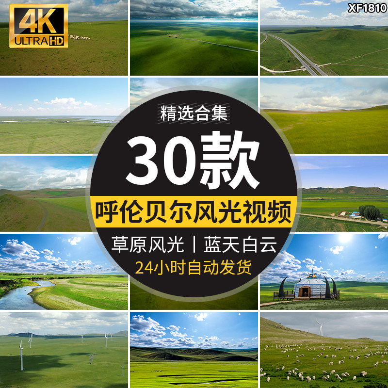 内蒙古呼伦贝尔风光大草原蓝天白云旅游风景高清航拍背景视频素材