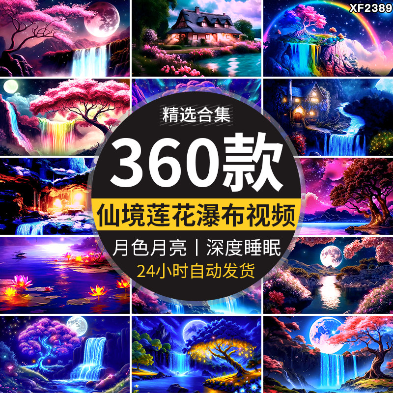 唯美梦幻仙境莲花瀑布月色月亮夜晚冥想深度睡眠助眠背景视频素材