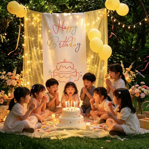 佰聚鑫儿童生日网纱背景亮灯挂布