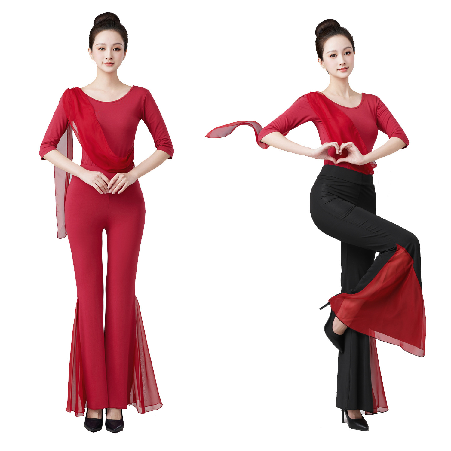 酒红飘带形体服舞蹈服