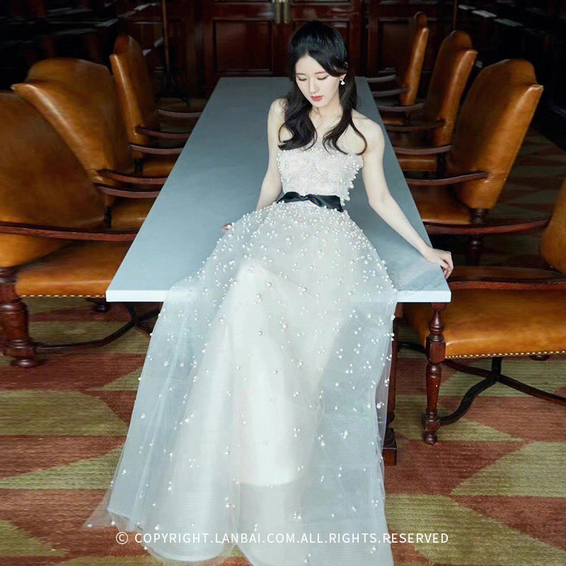 赵露思同款2024新娘结婚抹胸婚纱甜美珍珠蝴蝶结齐地长裙定制高端