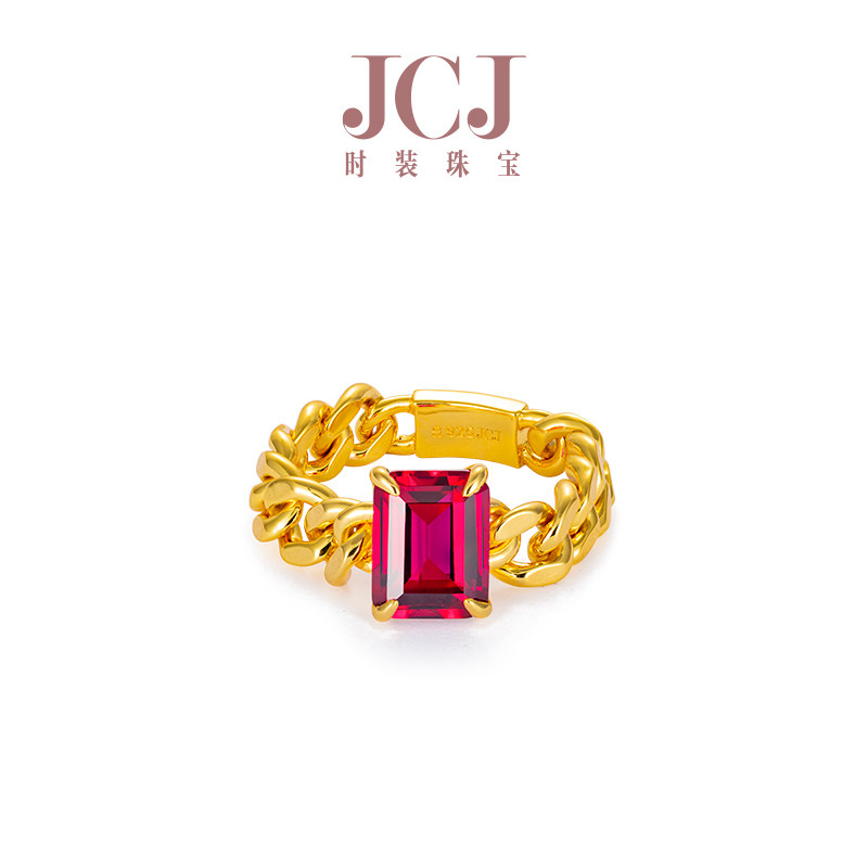 JCJ时装珠宝HighJewelPlay925银长方形合成红宝石古巴链粗链戒指