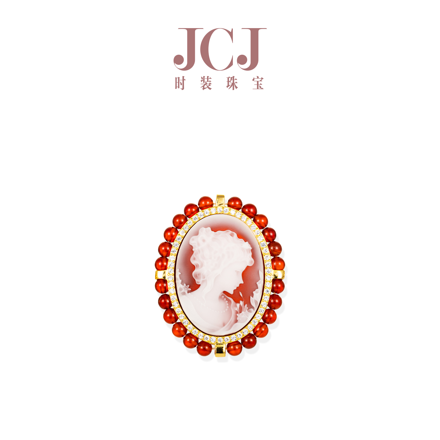 JCJ时装珠宝lite925银镀金锆石女士头像卡梅奥红色玛瑙珠边胸针