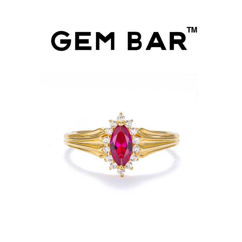 JCJ时装珠宝GEMBAR 9K金锆石马眼形合成红宝石戒指