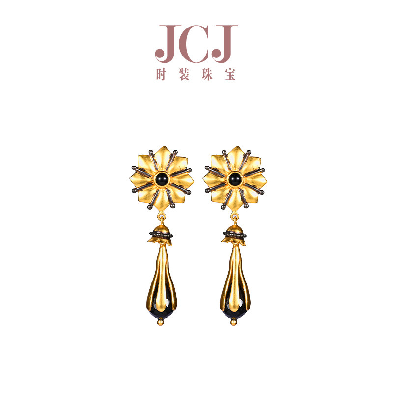 JCJ时装珠宝艺术派系列925银黑玛瑙双色金黑金花形耳坠