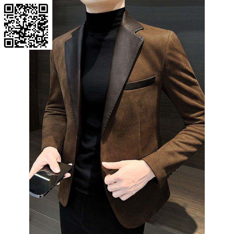 恒之智男士西装外套鹿皮休闲秋冬港风痞帅拼接西服哑光绒面男上衣