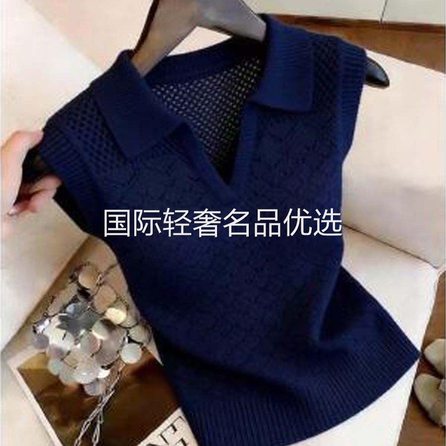 路途韩式女装polo领镂空冰丝针织上衣夏季小众无袖短袖设计感T恤