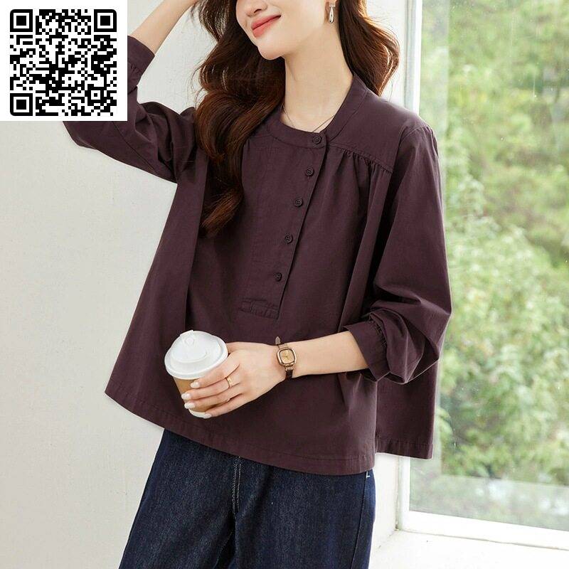 点击率女装2026春秋新款纯棉圆领长袖衬衫女韩版宽松休闲衬衣上衣