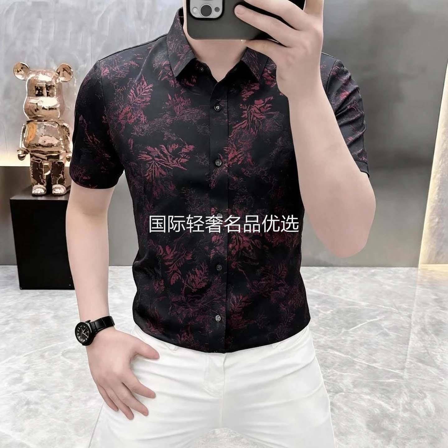 点击率夏季男装印花短袖衬衣中年户外旅游爸爸衫半袖薄高端男衬衫