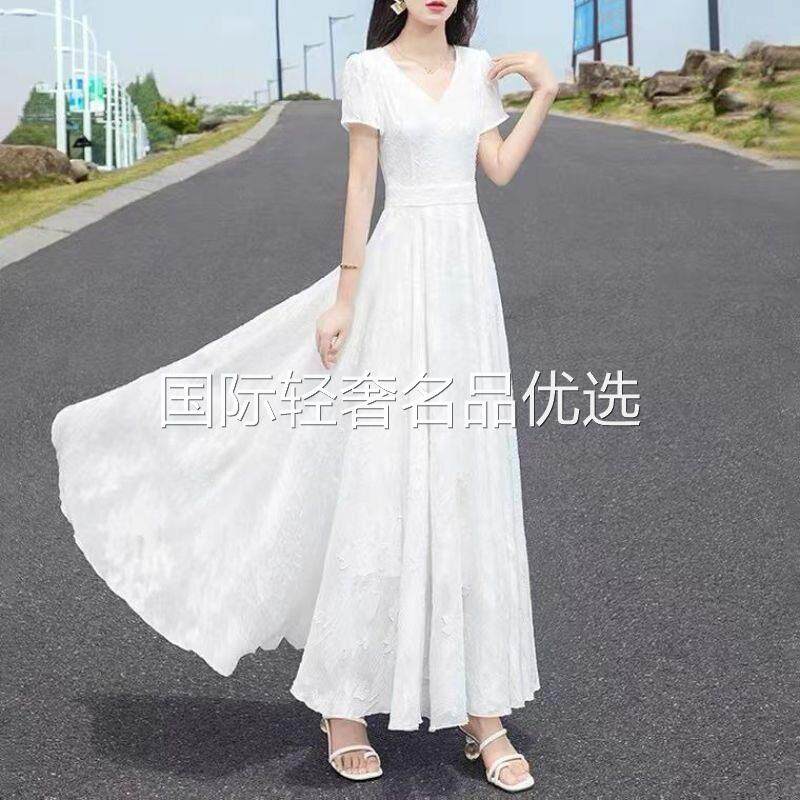 宇尚美服饰个体店白色提花雪纺洋装女装2026夏短袖长版气质裙子