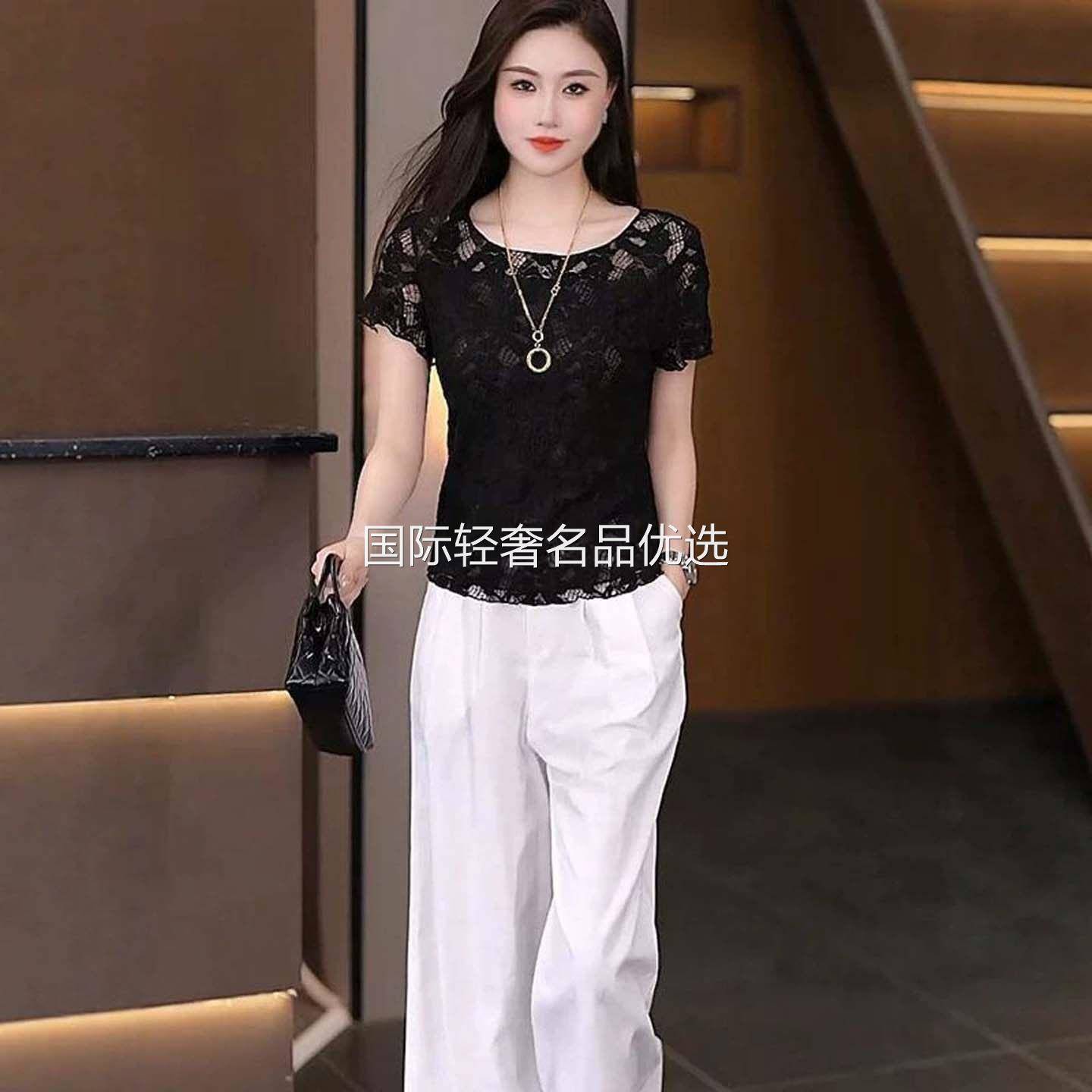 凯丽女装韩版波浪蕾丝短袖纯色镂空女士蕾丝小衫宽松减龄显瘦上衣