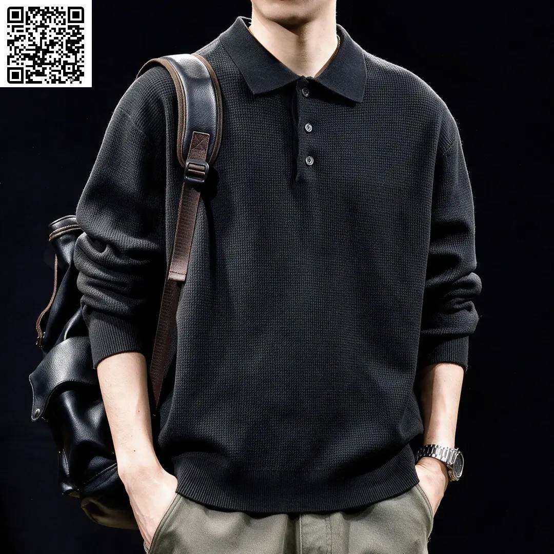 MR.MUDI/穆迪先生纯棉POLO领针织衫男秋冬宽松套头保暖黑色毛衣